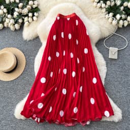 Elegant Retro Polka Dot Pleated High Waist A-Line Skirt Women's Commute Long Dress Slimming Pleat Drapey Feel Half Skirt