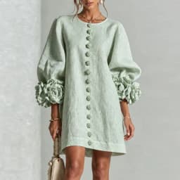 Vintage Solid Dress Ladies Puff Sleeve 3D Floral Decoration Buttons Decor Loose Straight Dress Holiday Party Daily Short Dresses