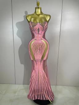 2026 Sexy Sparkly Pink Rhinetones Sequins Strapless Mesh Sheer Long Dress Birthday Evening Celebrate Party Nightclub Stage Wear