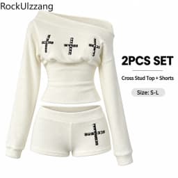 Y2K Cross Stud Women 2 Piece Set Off Shoulder Long Sleeve Fuzzy Top Low Rise Shorts Streetwear Top or Shorts Club Outfit Party