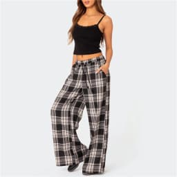 Women's Casual Plaid Print Pants Drawstring Elastic Waist Loose Straight Pants with Pockets Sleep Bottoms Korean Home Wears