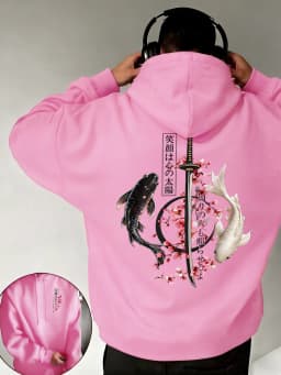 Black & White Koi Cherry Blossom Sabre Print Men Basics Hoodie Fleece Soft All-Match Tops Casual Colour Pullover Comfy Clothes