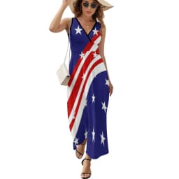 American Flag Dress Patriotic Flag Star Design Boho Beach Long Dresses V Neck Print Maxi Dress Korean Fashion Clothes Oversize