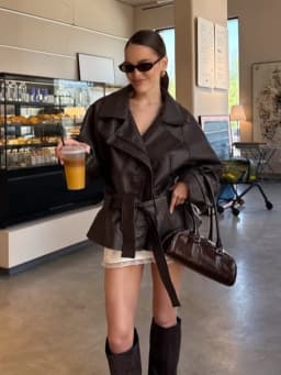 Solid Faux Leather Jacket Women Lapel Asymmetric Zipper Belted Waist Oversized Long Sleeve Coats Vintage Moto Biker Coat 2026