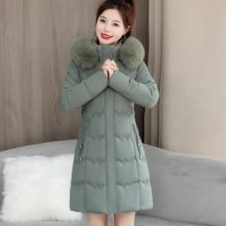 Detachable Fur Collar Thickened down Cotton Jacket Slimming Mid-Length Women's Korean Style Commute Pure Color Coat with Pocket