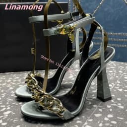 Round Toe Luxury Design Sandals 2024 Summer New Women Solid Thin High Heel Leather Sexy Luxury Metal Chain Wedding Party Shoes