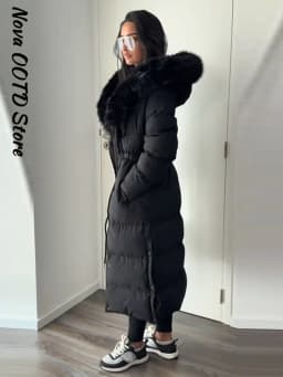 Elegant Fur Collar Hood Belt Long Cotton Jacket Women Zipper Drawstring Waist Parka Down Coat 2025 Winter Lady Warm Chic Outwear