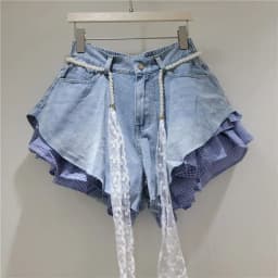 2026 Summer New Candy-colored Denim Plaid Shorts for Women High-waisted Loose Design with A Belt Booty Shorts