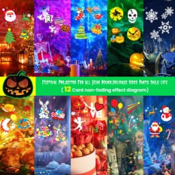 2-in-1 Holiday Projector Light, Double Head 4 Kinds Ocean Waves &12 Pattern Cards, Remote Control, Timer for Halloween Christmas