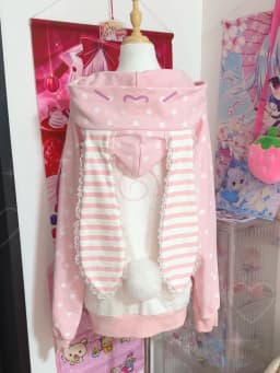 Cute Pink Polka Dot Rabbit Ear Hoodie Sweatshirt Striped Design Comfortable Soft Girl Top Loose Fit Long Sleeve Cotton Cardigan