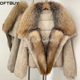 OFTBUY Luxury Real Fur Duck Down Clothes Overszie Women Wool Blend Down Jacket with Real Fox Fur Collar New Winter Warm Coat