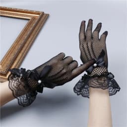 New 1pair Bride Stretchy Fishnet Lace Gloves Five-finger Hollowout Gloves with Lace Bow Tie Pearls Lolita Gloves Wedding