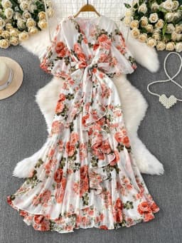 Summer Women Red/White/Yellow Floral Printed Irregular Ruffle Long Dress Vintage V-Neck Puff Sleeve Elegant Dress With Belt New