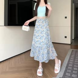 High Waist A-Line Floral Print Chiffon Halter Neck Dress Women's Summer New Style Belted Wrap Skirt Casual Polyester Fiber