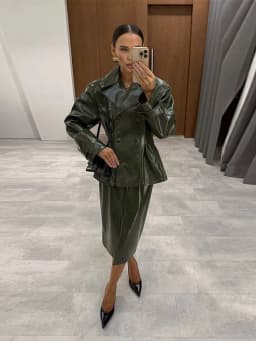 Solid PU Leather Women's Jacket Mini Skirt Set Lapel Neck Full Sleeve Double Breasted Coat Suit 2025 Autumn Stylish Edgy Outfit