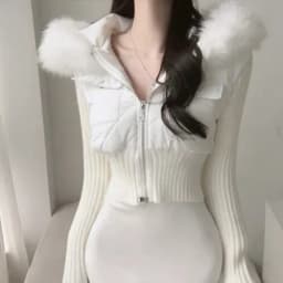Chic Knitted Patchwork Double Zipper Short Jacket Women's Small Size Waist Cinching Slimming Faux Fur Collar Cotton Coat Trendy