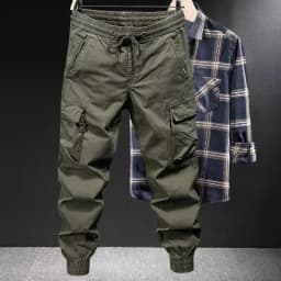 Male Drawstring Elastic Waist Cargo Jogger Pants Loose Multi‑Pocket Solid Color Trousers Outdoor Casual Long Pants Spring Autumn