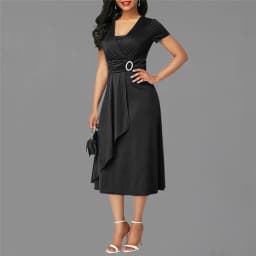We.Fine Dress Women Solid Color Short Sleeve V Neck Asymmetric Hem Waist Midi Party Dress Elastic Female Dresses Woman Vestidos