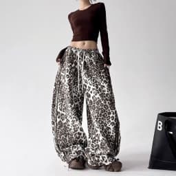 American retro spicy girl leopard print work pants autumn street Abi style punk loose women's wide leg pants millennium style