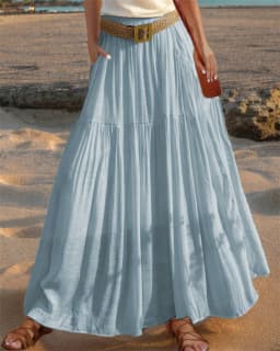 2026 Belted Hem A-line Solid Color Elastic Waist Skirt Women's Summer New Beach Vacation Commuting Camping All-match Long Skirt