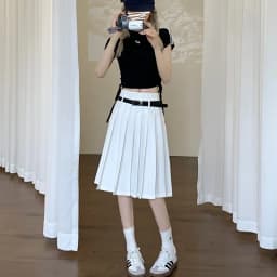 White A-Line Midi Skirt High Waist Pleated Versatile Summer New Style Slimming Half Body Skirt for Trendy Girls