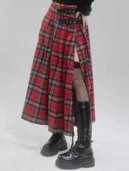 French Retro Red Plaid A-Line Long Skirt for Women High Waist Straight Mid-Length Split Pleated Skirts Streetwear Y2k Spring