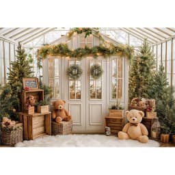White House With Christmas Tree and Little Bear Photography Backdrop Kids Baby Cake Smash Photocall Studio Backgrounds
