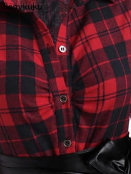 Women Red Plaid Belted Roll Tab Sleeve Handkerchief Dress Grunge Gothic Casual Dresses Vestidos Button Up Long Sleeve Streetwear