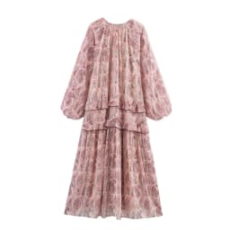 Loose V-neck Printed Maxi Dress Layered Decoration Women's Fashion Spring Summer Long Skirt Elegant Style Regular Sleeve