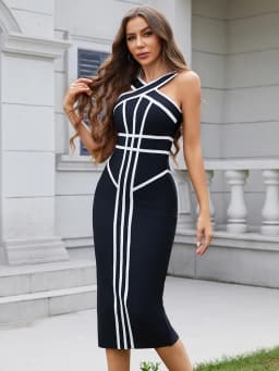 BEAUKEY Classic White And Black Stripes Bandage Long Evening Dress Luxury Contrast Vintage Woman Bodycon Elastic Dress Slim Midi