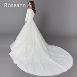 Customized Muslim Exquisite A-line Wedding Dresses V-Neck Applique Brush Train Tulle Satin Full Brideing Gown robe de mariée