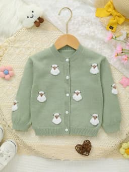 Baby Girl Sheep-Patterned Long-Sleeved Single-Breasted Casual Woolen Cardigan, Cute Little Sheep Embroidery, Soft and Comfortable Fabric