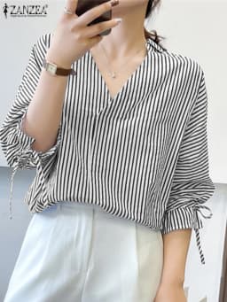 ZANZEA Office Striped Loose Blouse 2023 Turn-down Collar Top Oversized Women Long Sleeve Shirt Vintage Button-up Blusa Femininas