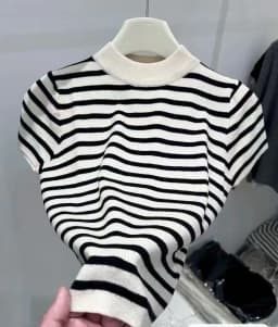 2026 Turtleneck Pullover Striped Sweater Slim Fit Top Shirt Women's Early Spring and Autumn Short Sleeve Bottoming Jumper