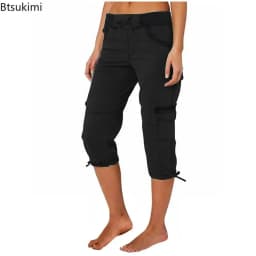 2026 Women's Summer Casual High Waist Drawstring Pocket Workwear Pants Solid Loose Wide Leg Extendable Cuffs 7-inch Pants Female