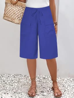 2026 New Summer Autumn Knee Length Drawstring Elastic High Waist Short Style Women's Pockets Casual Solid Color Shorts Pants