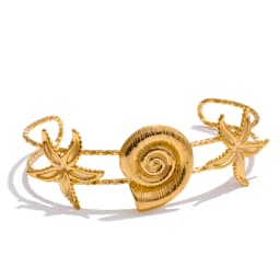 Yhpup Ocean Series Golden PVD Starfish Shell Sun Cuff Bracelet Open Wrist Jewelry Stainless Steel Bangle for Summer Holiday