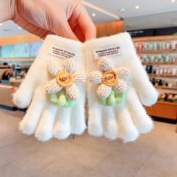 Kids Lace Bow Plush Full Finger Gloves For Girls Cute Flower Bud Decor Girls Winter Warm Windproof Faux Mink Fur Kawaii Gloves