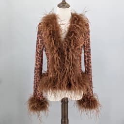 Women See-Through Top with Real Ostrich Feather Brown Black Cropped Jacket Top Bolero 240711