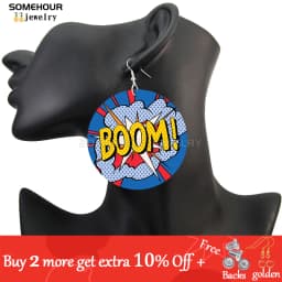 SOMEHOUR Love Queen Boom Comic Print Wooden Drop Earrings OMG LOL Bubble Cartoon Cute Pop Loops Dangle Jewelry Women Girls Gift