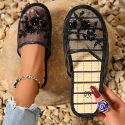 Mesh Breathable Embroidered Sequin Flower Mules Shoes Summer Comfort Soft Bottom Sandals Women Chinese Style Bamboo Sole Sandals