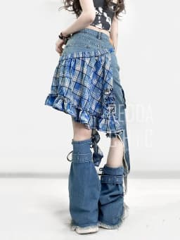 REDDACHiC Asymmetrical Denim Shorts Star Plaid Coverups Leg Warmers Women Set Trendy New Low Rise Pants Summer Retro Y2k Clothes