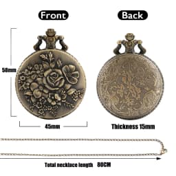 Vintage Bronze Flowers Quartz Analog Pocket Watch Gift Men Women Necklace Pendant Pocket Clock Arabic Numerals Dial Retro Watch