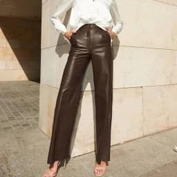 New Vintage High Waist Button Straight Pants 2024 Autumn Solid Color Slim Leather Pants Office Elegant Pocket Women's Trousers