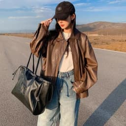 Retro Brown Leather Jacket Women's Hong Kong Style Loose American Retro Motorcycle Jacket Top Spring Autumn High End Sweet Style