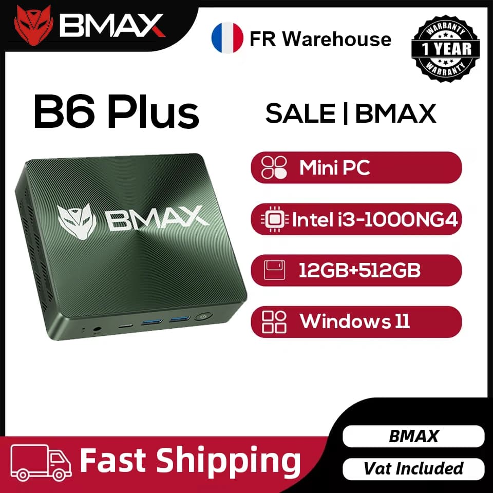 BMAX B6 Plus Mini PC Intel I3-1000NG4 Windows 11 PC 12GB RAM 512GB SSD WIFI 5 USB 3.0 USB * 3 HDMI * 2 Bluetooth Type-C Mini PC