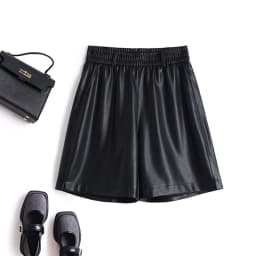 Fashionable Stylish 100% Leather Five-Point Pants For Women Femme Elastic Waist Wide Leg Shorts With Pocket