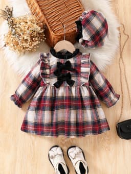 Fashion Plaid Patchwork Lace Collar Bow Tie Back Invisible Zipper Long Sleeve Dress for Baby Girl (Including Hat) Autumn
