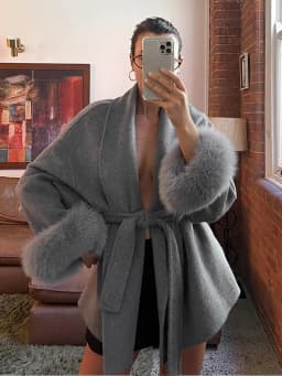 Retro Faux Fur Patchwork Woolen Maxi Coat Women Solid Full Sleeves V-neck Lace Up Loose Coats Lady Winter Commute Outwear New