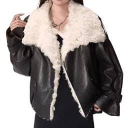 Women Faux Leather Labm Fur Lined Coats Solid Jacket Turn Down Collar Long Sleeves Single Breasted Loose Streetwear 2026 Autumn